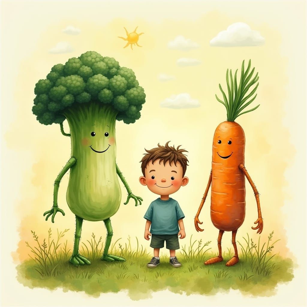 Whimsical Vegetal Friends in a Sunny Garden