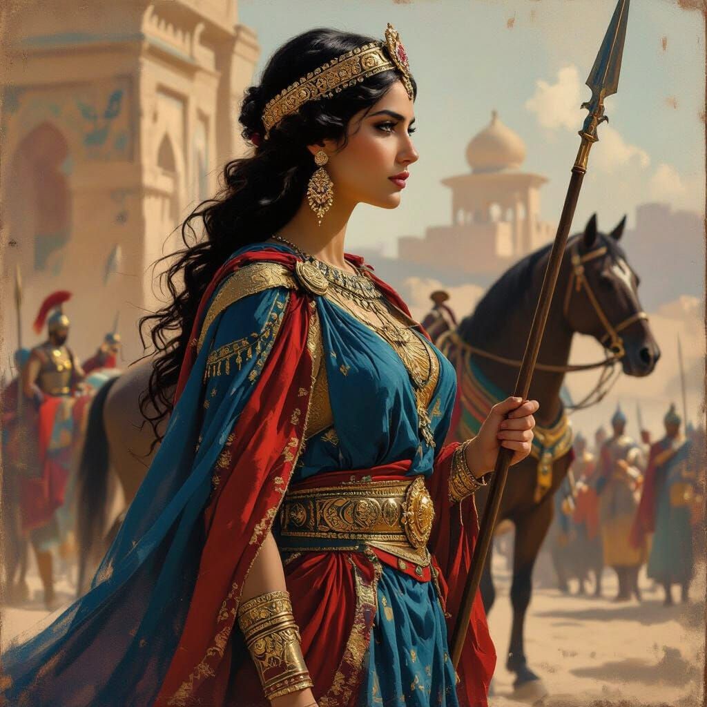 Persian Sasanian Warrior Queen in Historical Painting Style