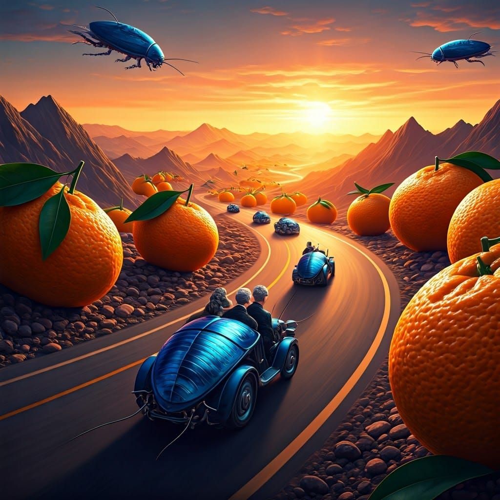 Surreal Metallic Blue Cockroaches Speed Down a Highway of Pr...