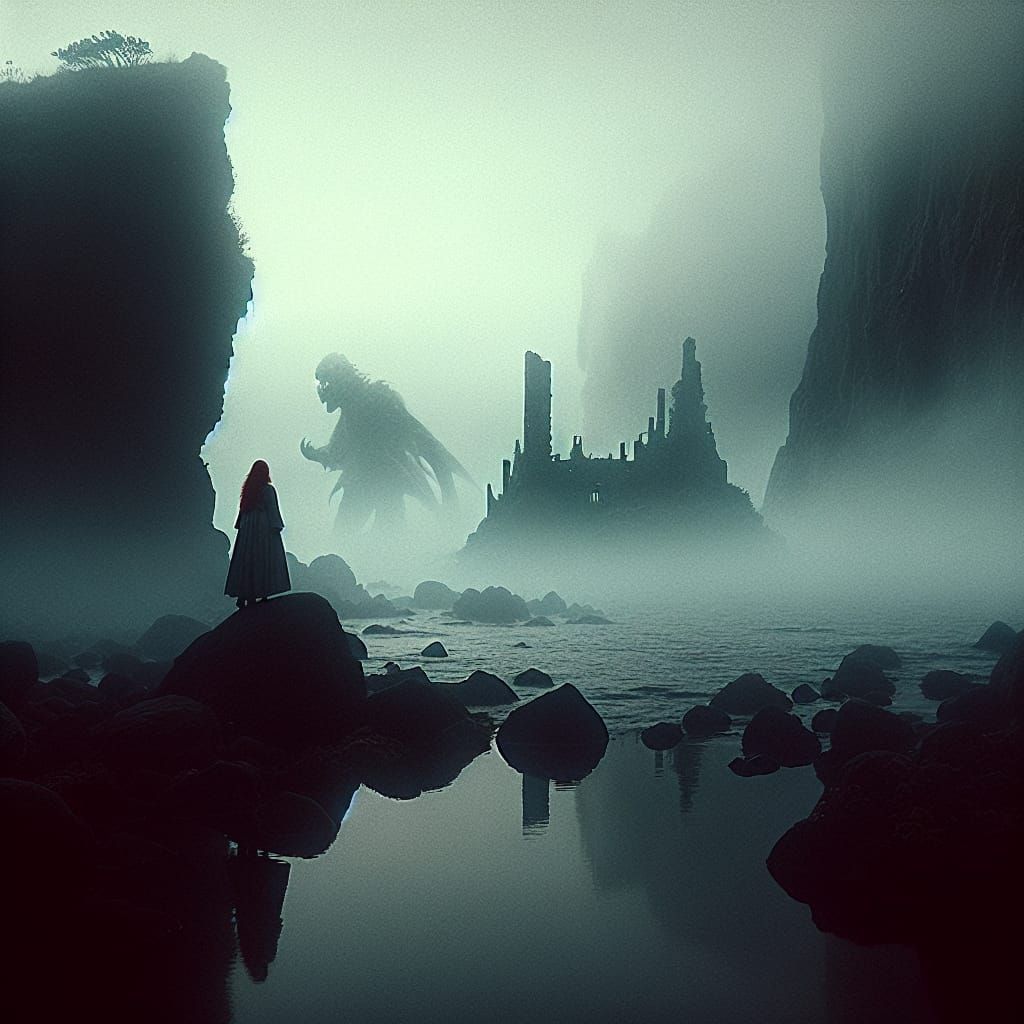 Heroic Woman in Fierce Battle amidst Crimson Haze and Ancien...