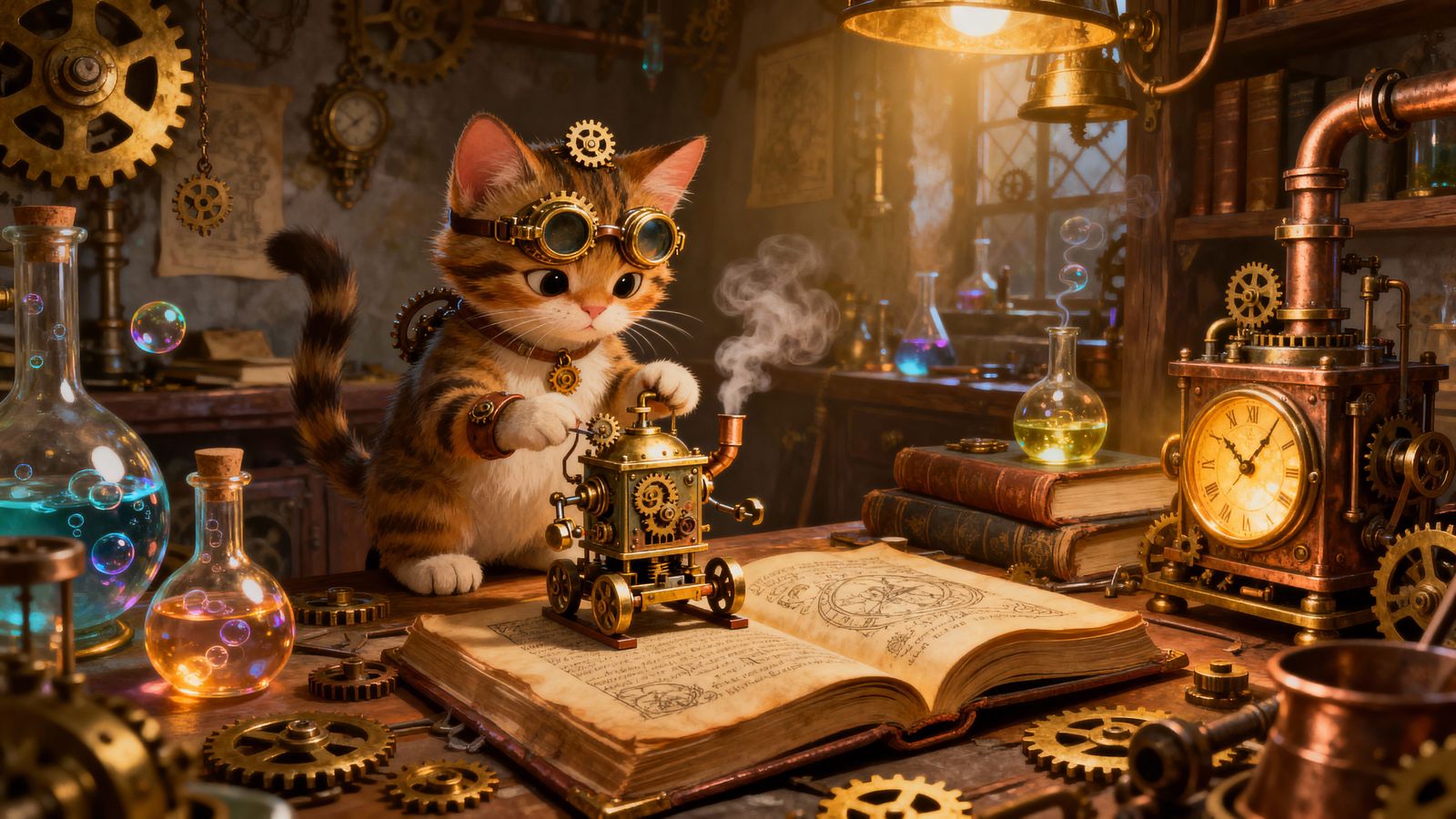 Whimsical Kitten Tinkerer in Steampunk Workshop