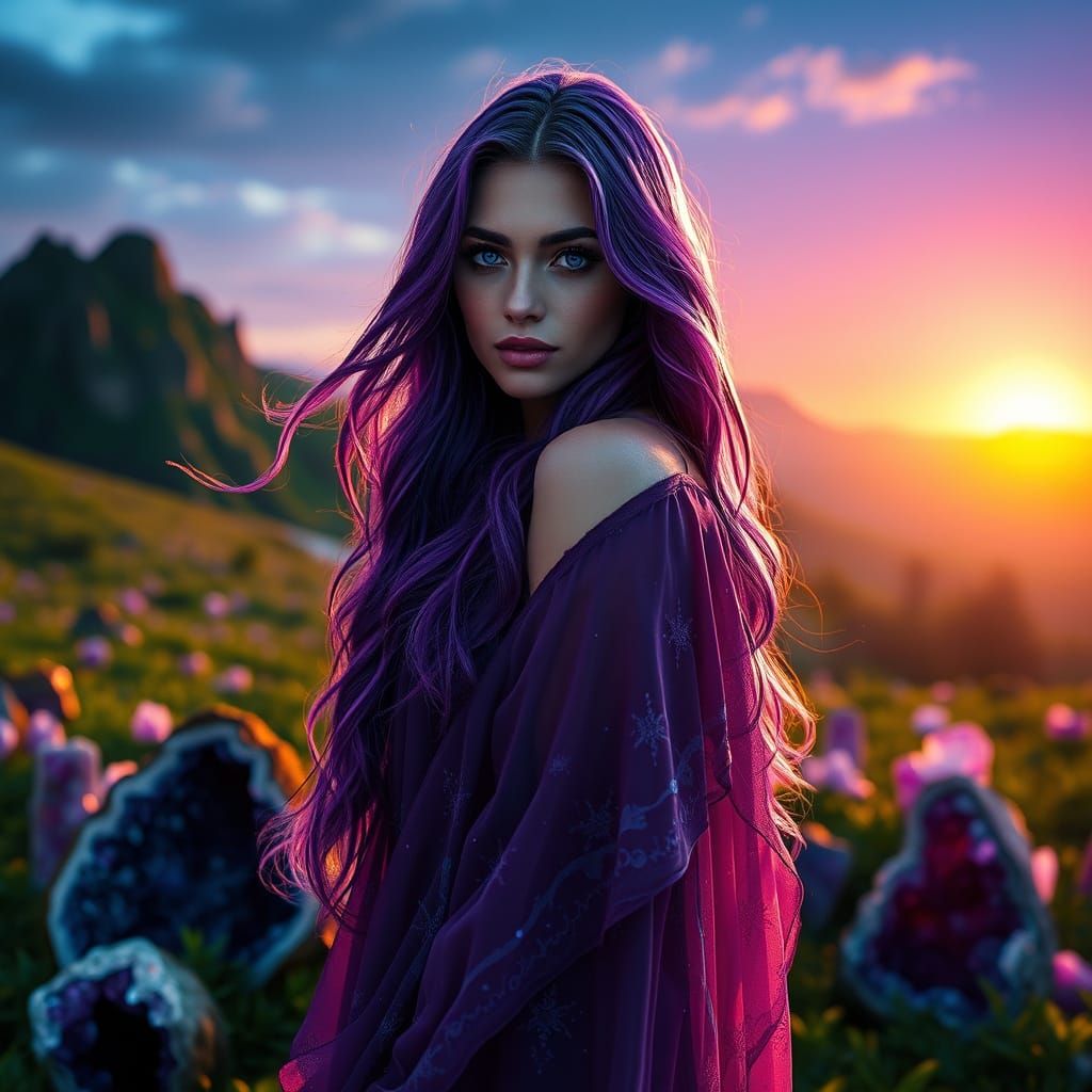 Ethereal Maiden Amidst Amethyst Geodes in Vibrant Purple Sun...