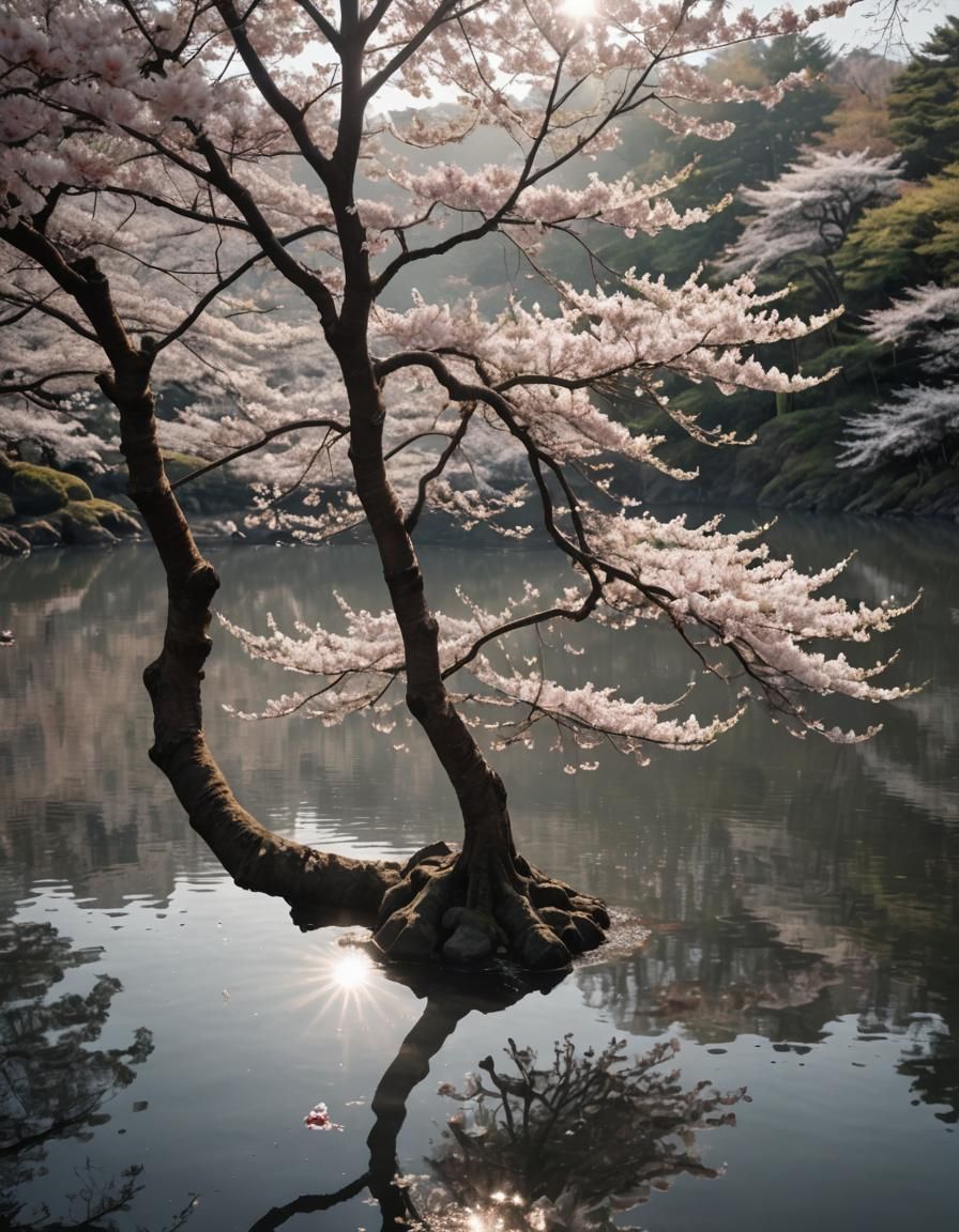 Vibrant Cherry Blossom Tree Blooms in Monochromatic Forest S...