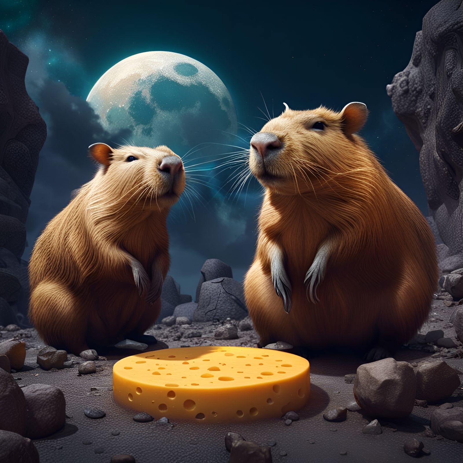 Capybaras eat cheese on Moon