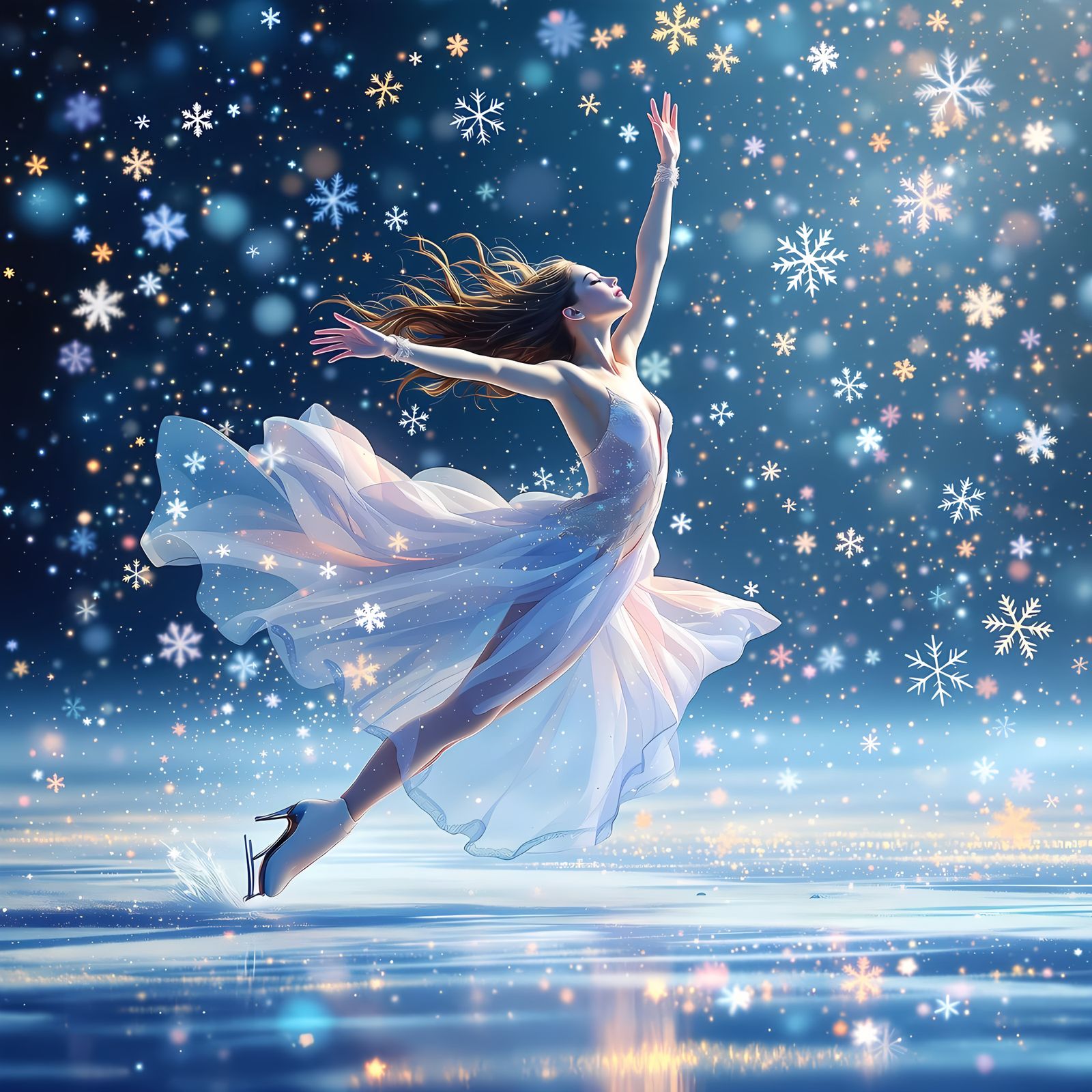 Iridescent Ice Skater Swirling with Snowflakes