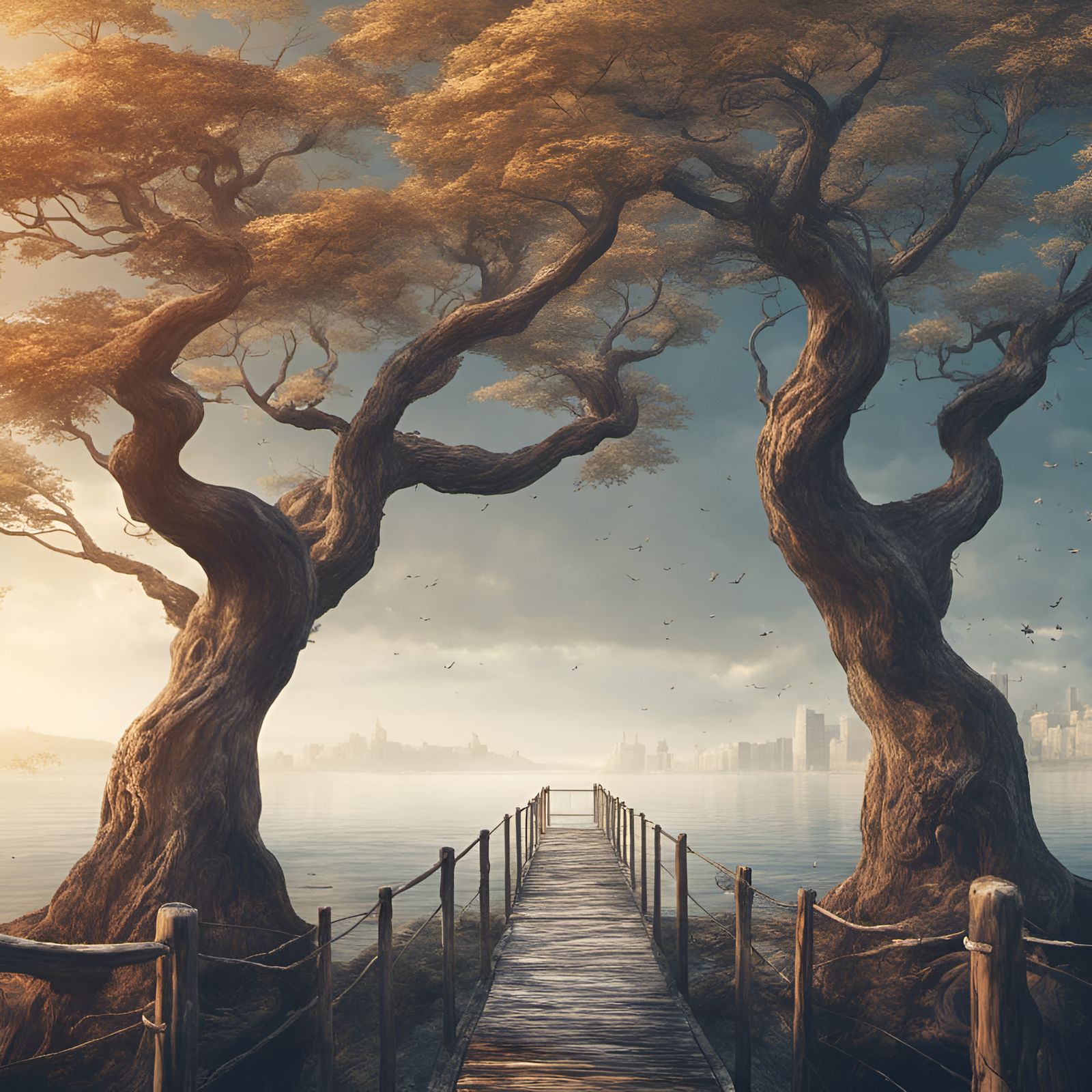 Ethereal Bridge Emerges from Fog, Detailed Fantasy Art
