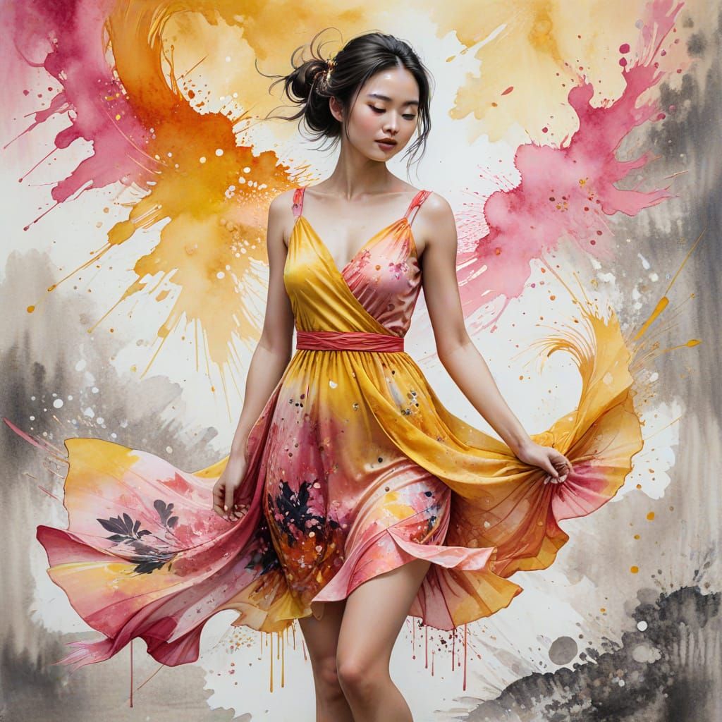 Woman in Summer Dress as Ink Painting