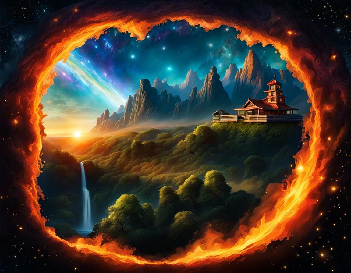 Surreal Kawaii Tiger in Cosmic Sunset Landscape