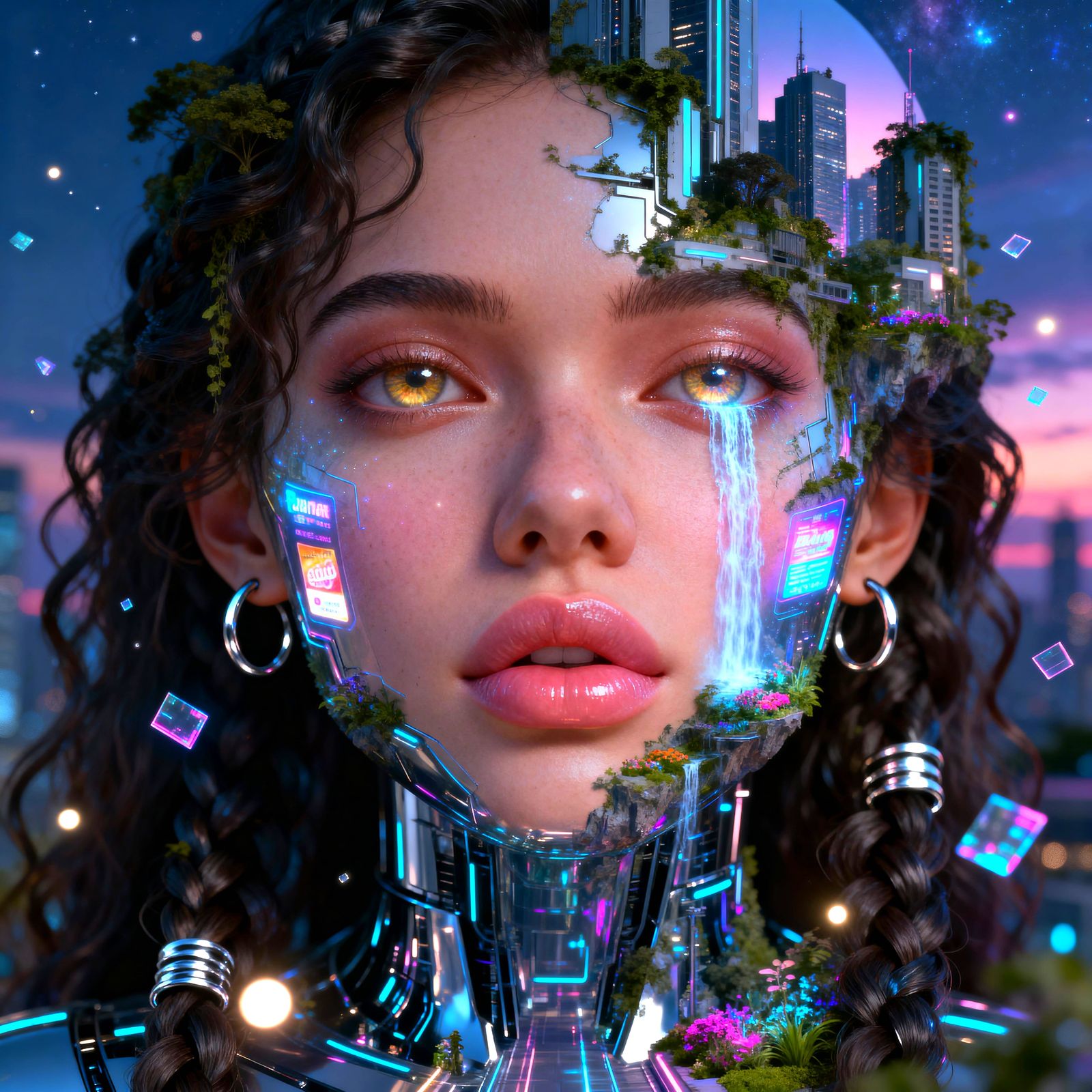 Ethereal Android Woman Blends with Futuristic Cityscape