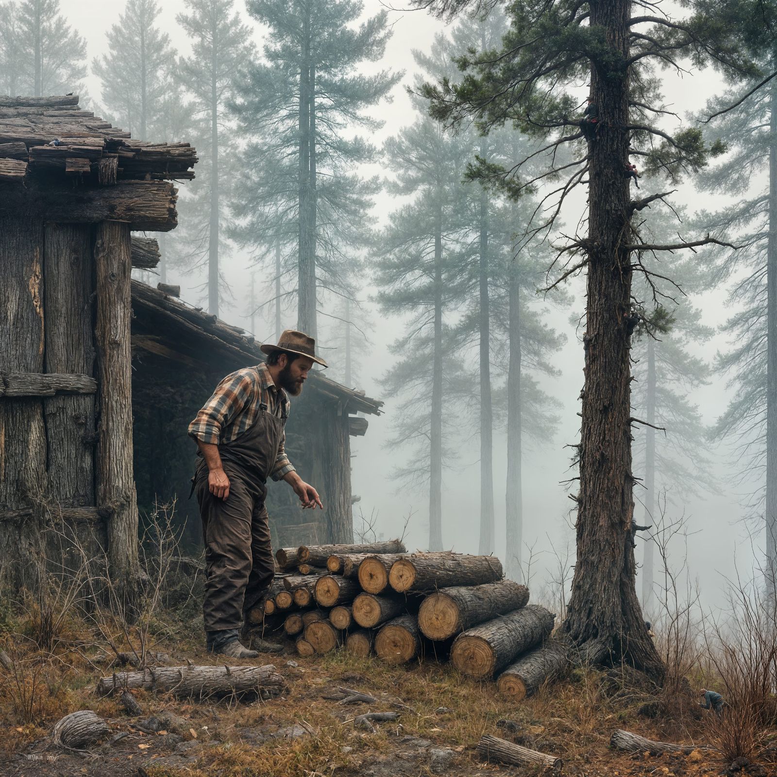 Farmer Stacking Logs in Pine Forest Fog