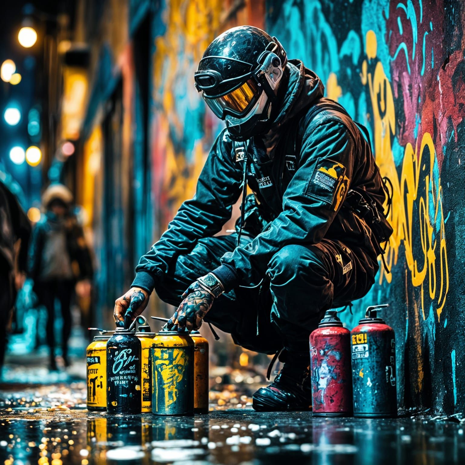 Graffiti Artist Paints City Wall in Neon Night