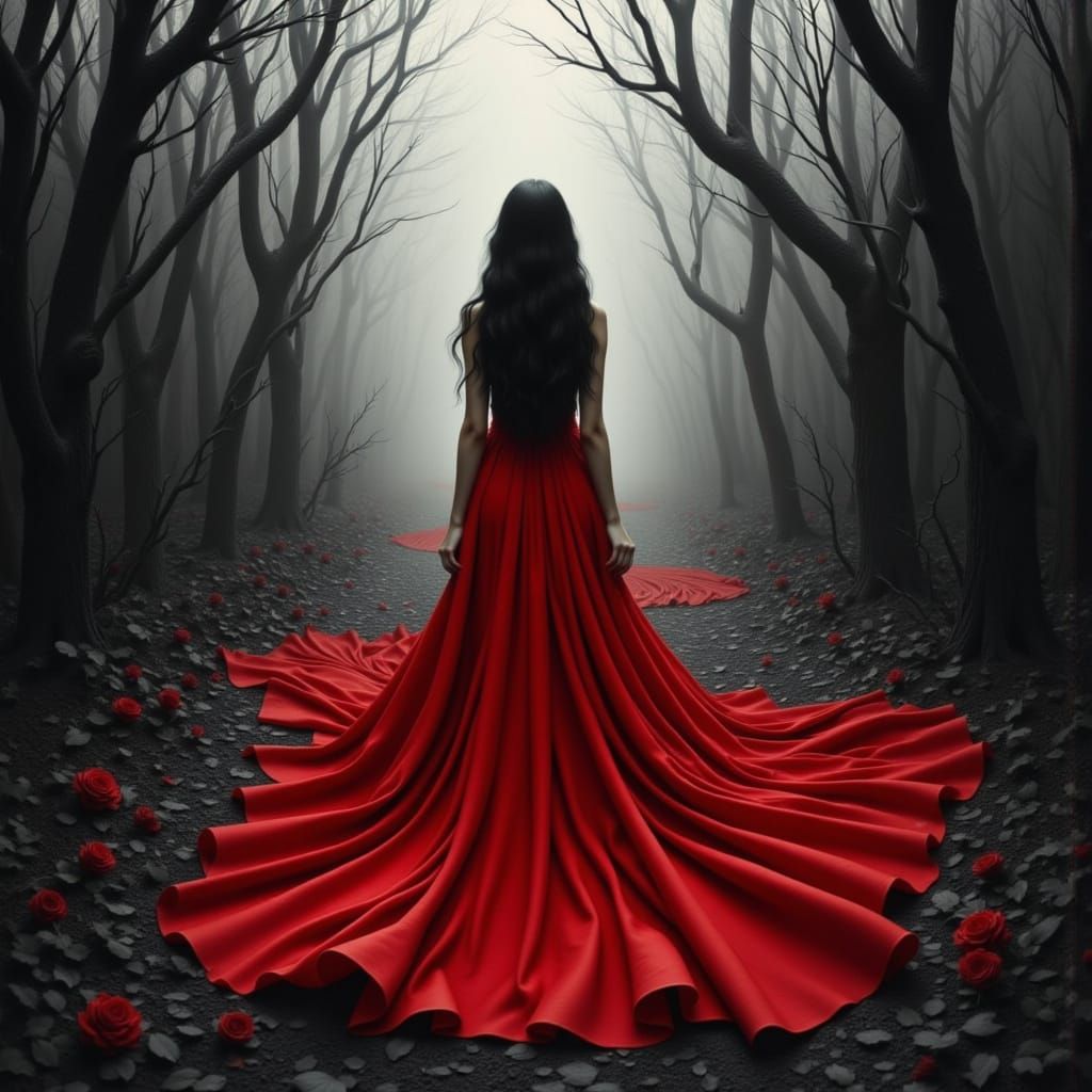 Gothic Forest Path: Woman in Red Dress Charcoal Drawing