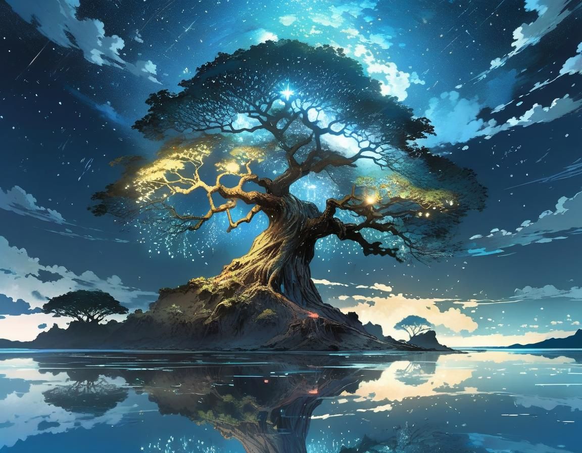 Surreal Manga Tree Radiates Under Hawaiian Stars