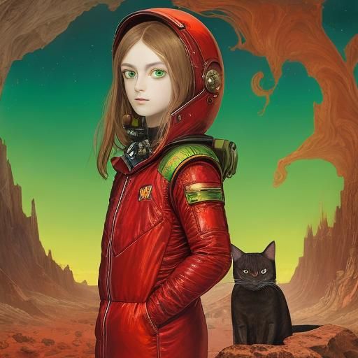Cyberpunk Feline Figure in Red Armor on Red Planet Landscape