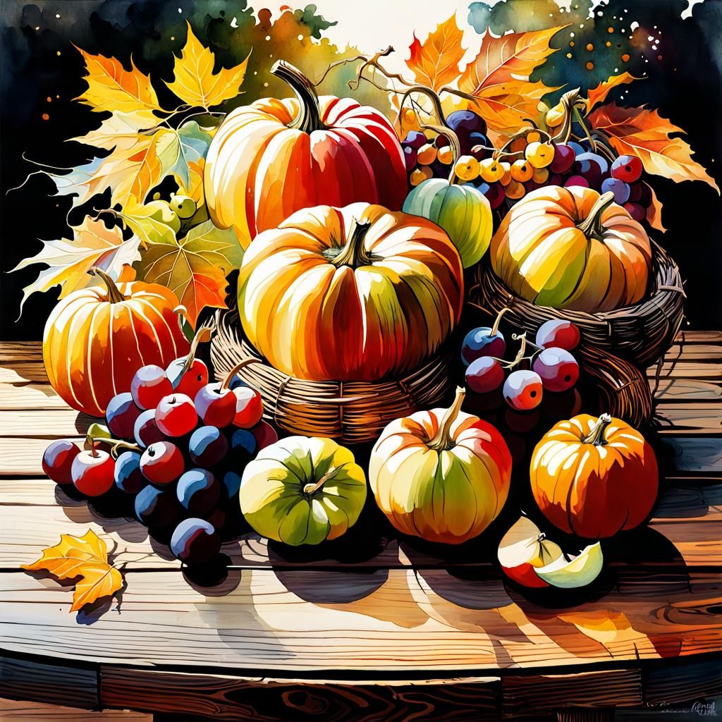 Surreal Autumn Harvest Scene in Whimsical Digital Watercolor