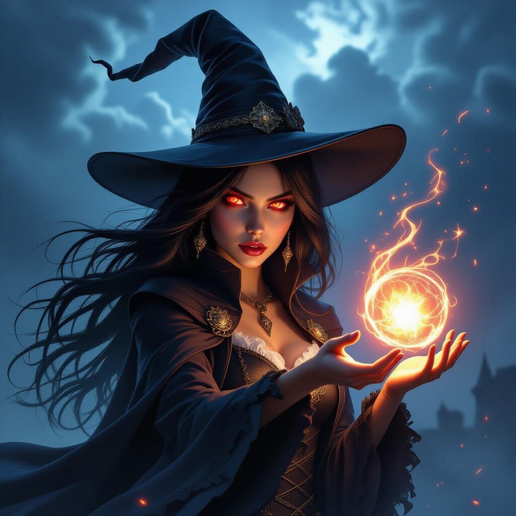 Powerful Witch Casting Spell Under Stormy Sky