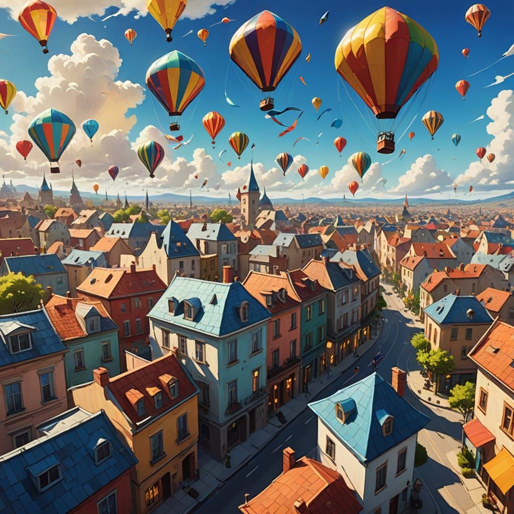 City Suspended by Kites: Surreal Oil Painting