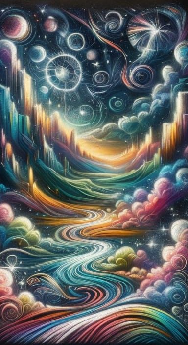 Girl Draws Magic Galaxies with Chalk in Whimsical Style