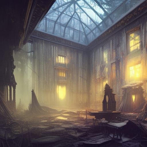 Eerie Deserted Mansion Interior: Hyperdetailed Digital Illus...