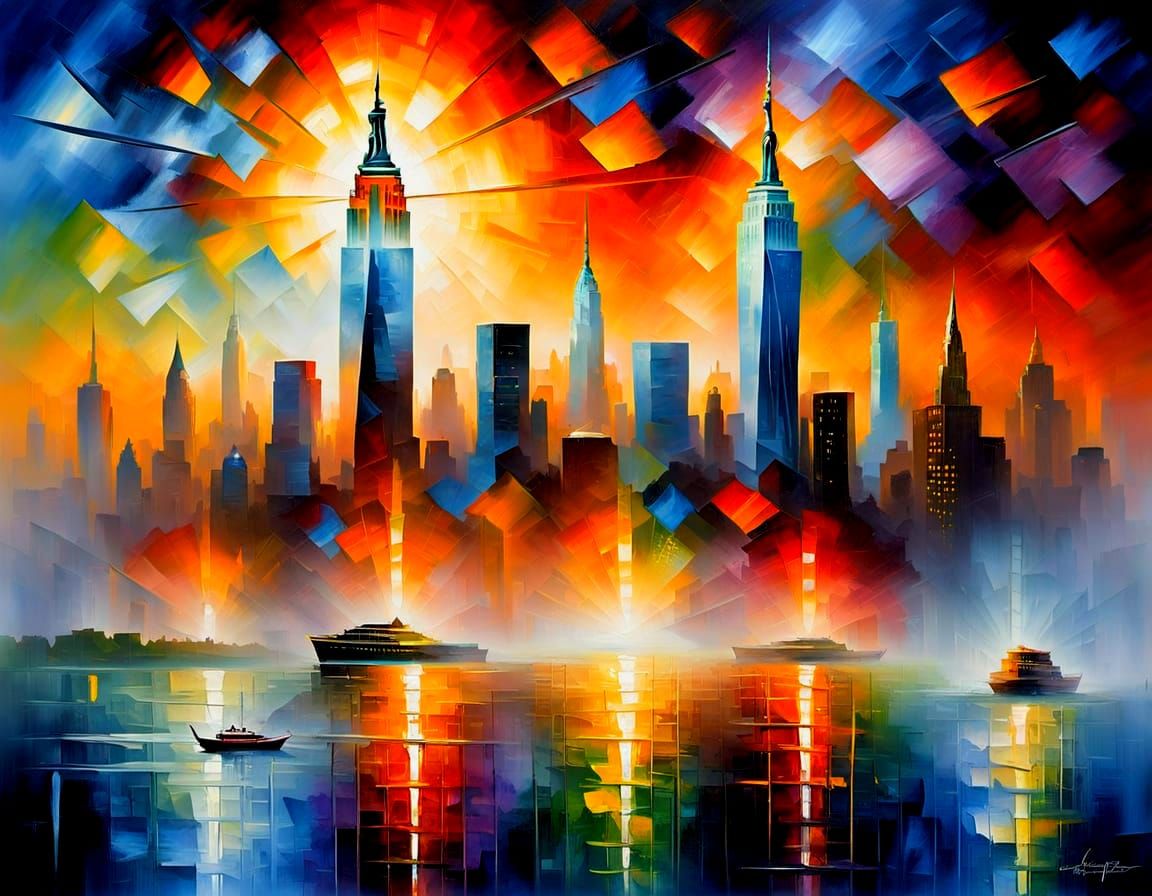 Futuristic New York City Landscape with Crepuscular Rays