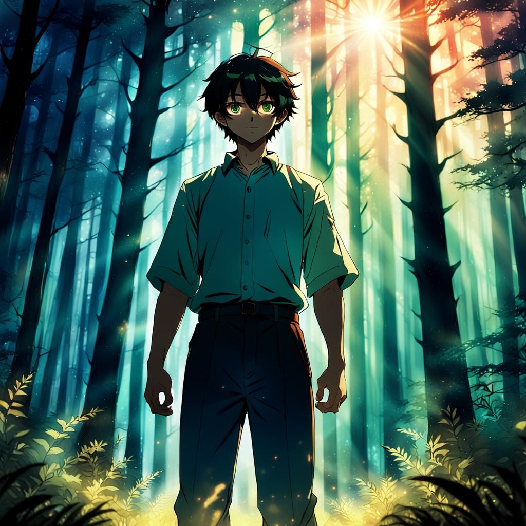 Manga Style Anime Portrait of Yahshua Amidst a Serene Forest