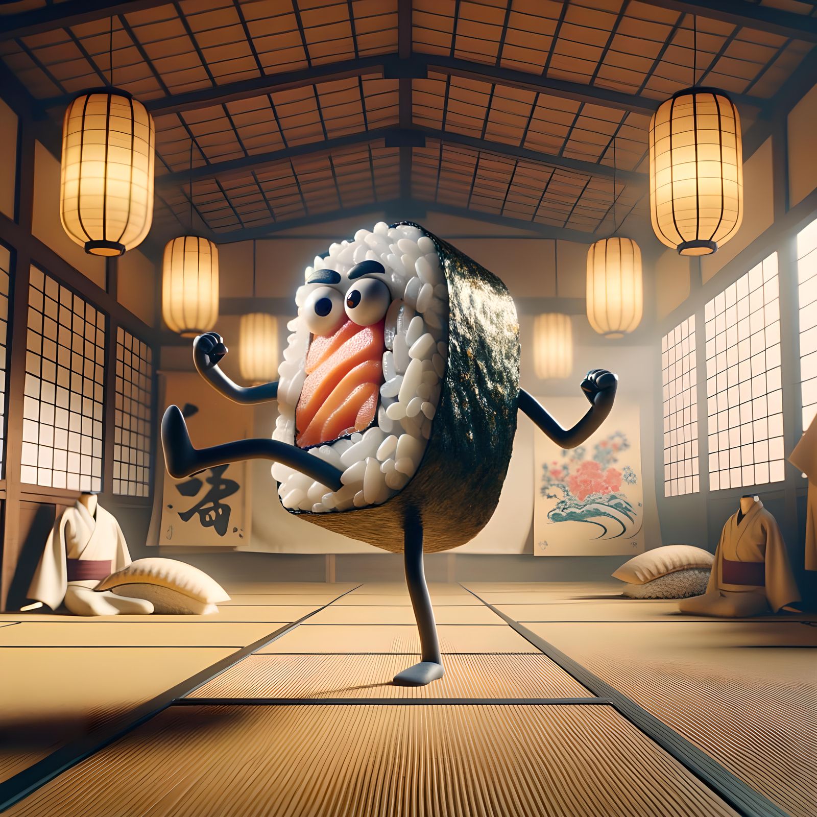Vibrant Sushi Warrior in Traditional Japanese Dojo