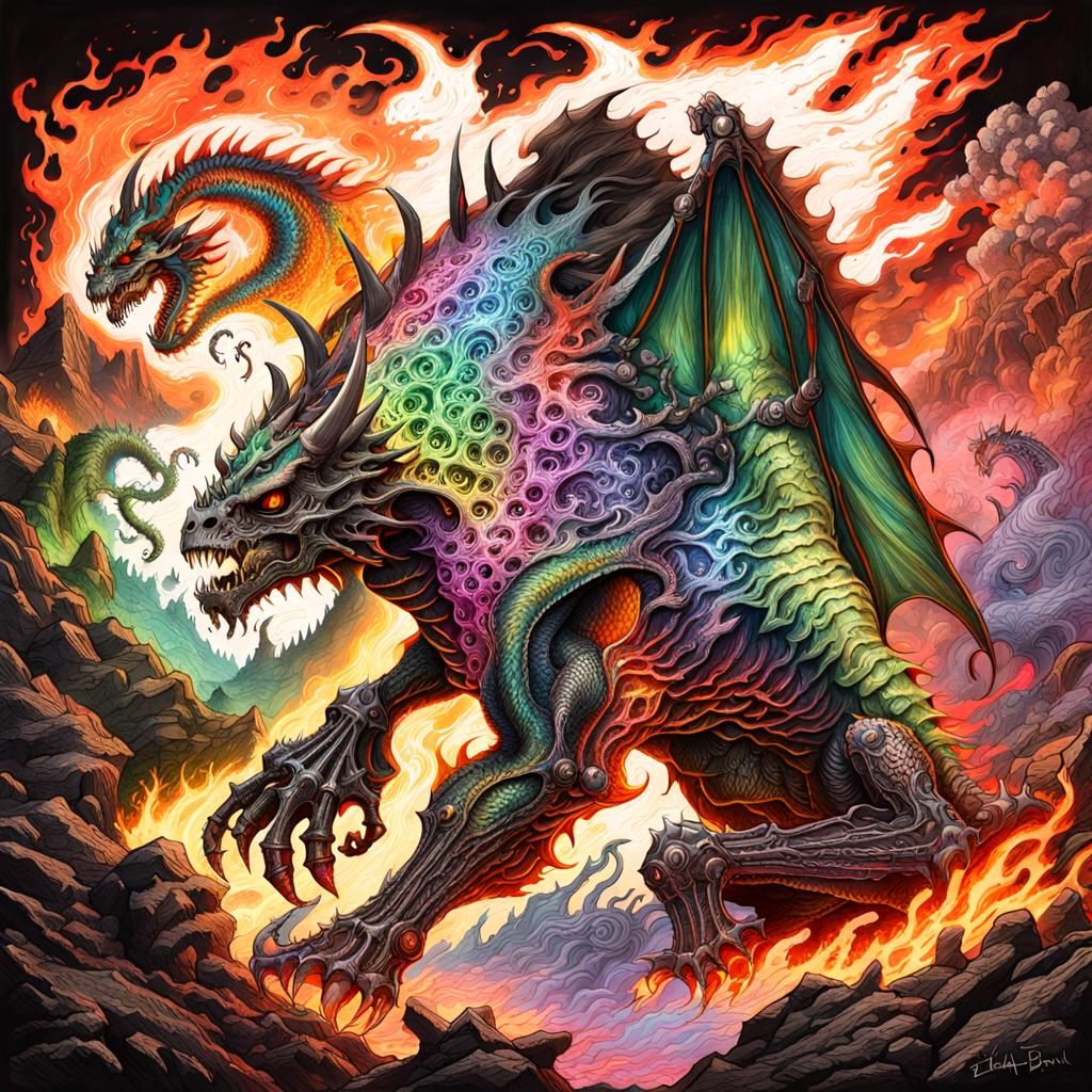 A Vibrant, Detailed Eldritch Dragon Emerges from Ancient Dus...