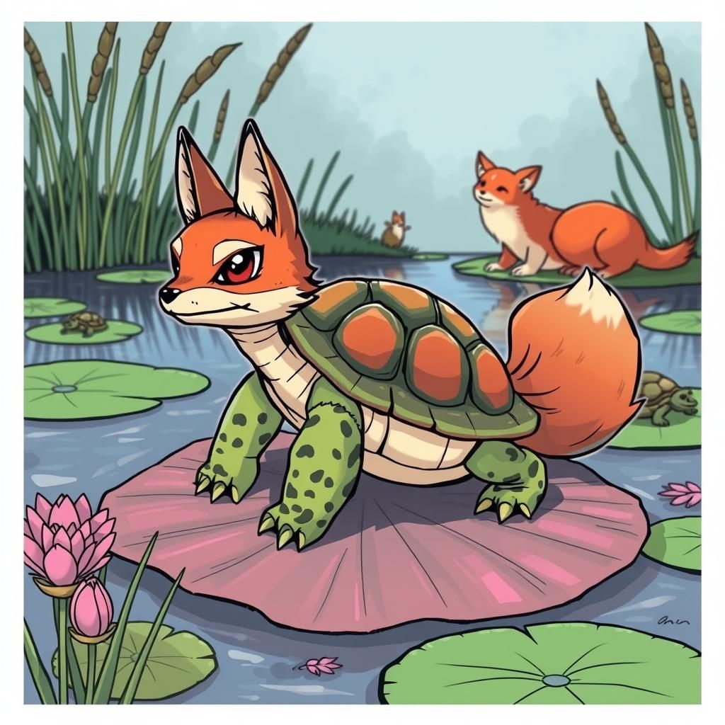 In Colorful Comic Style, a Fox Turtle Hybrid Surveys its Pon...