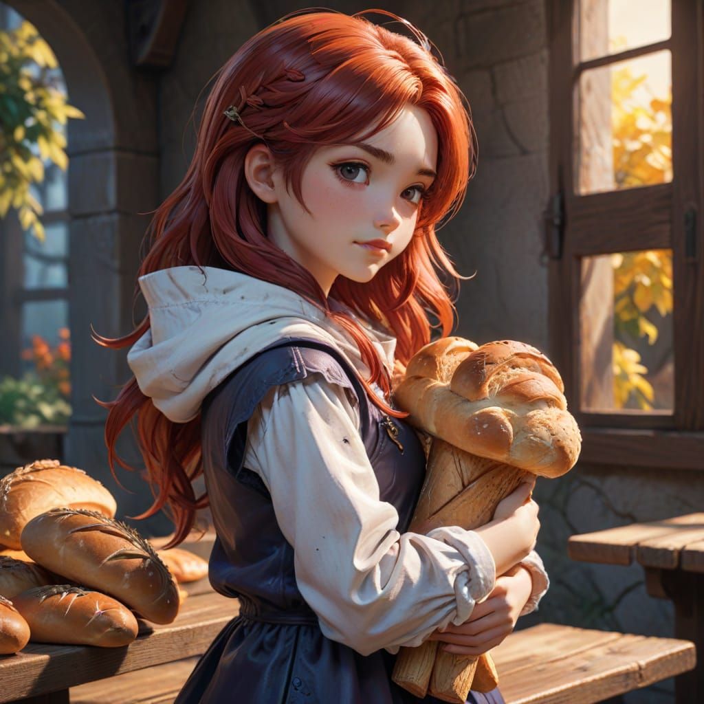 Manga Style Lilith Hugging Bread, Anime Art