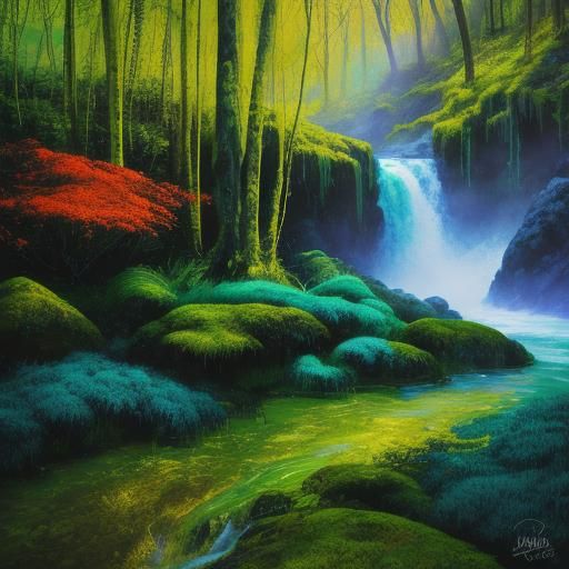 Vibrant Waterfall Landscape in Neo-Impressionist Style
