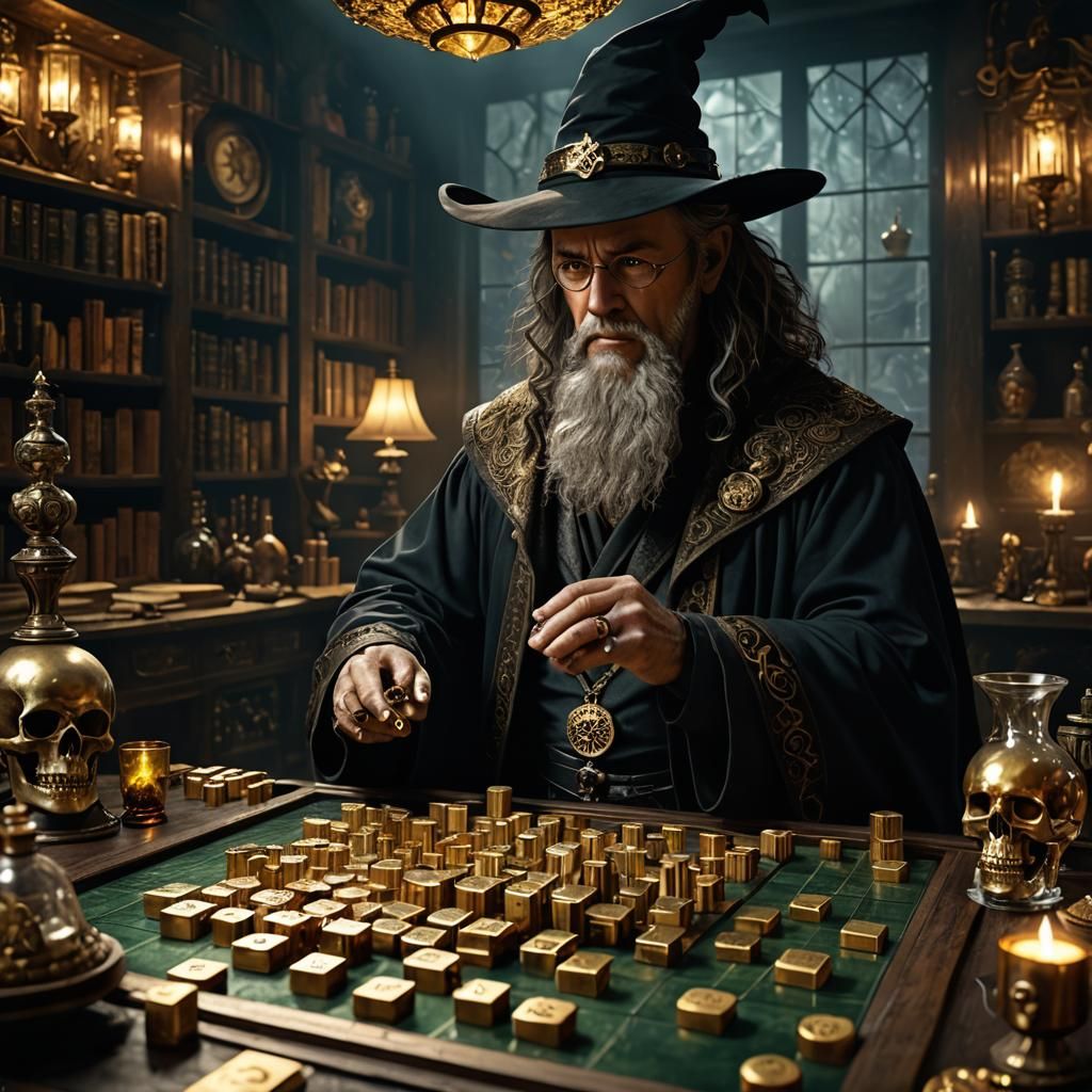 Wizard Plays Mahjong in Spooky Laboratory with Skull Opponen...