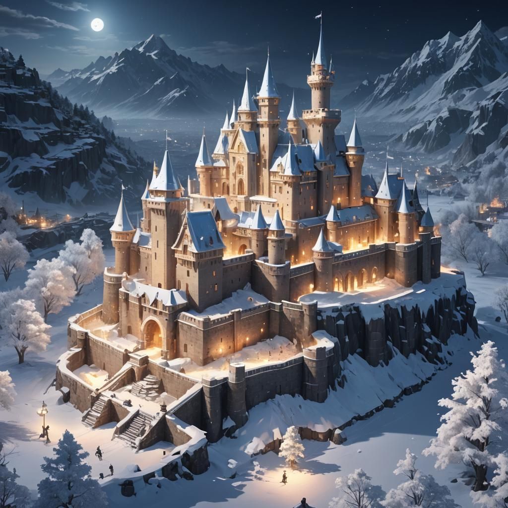 Snow Castle Lit by Nightly Frost