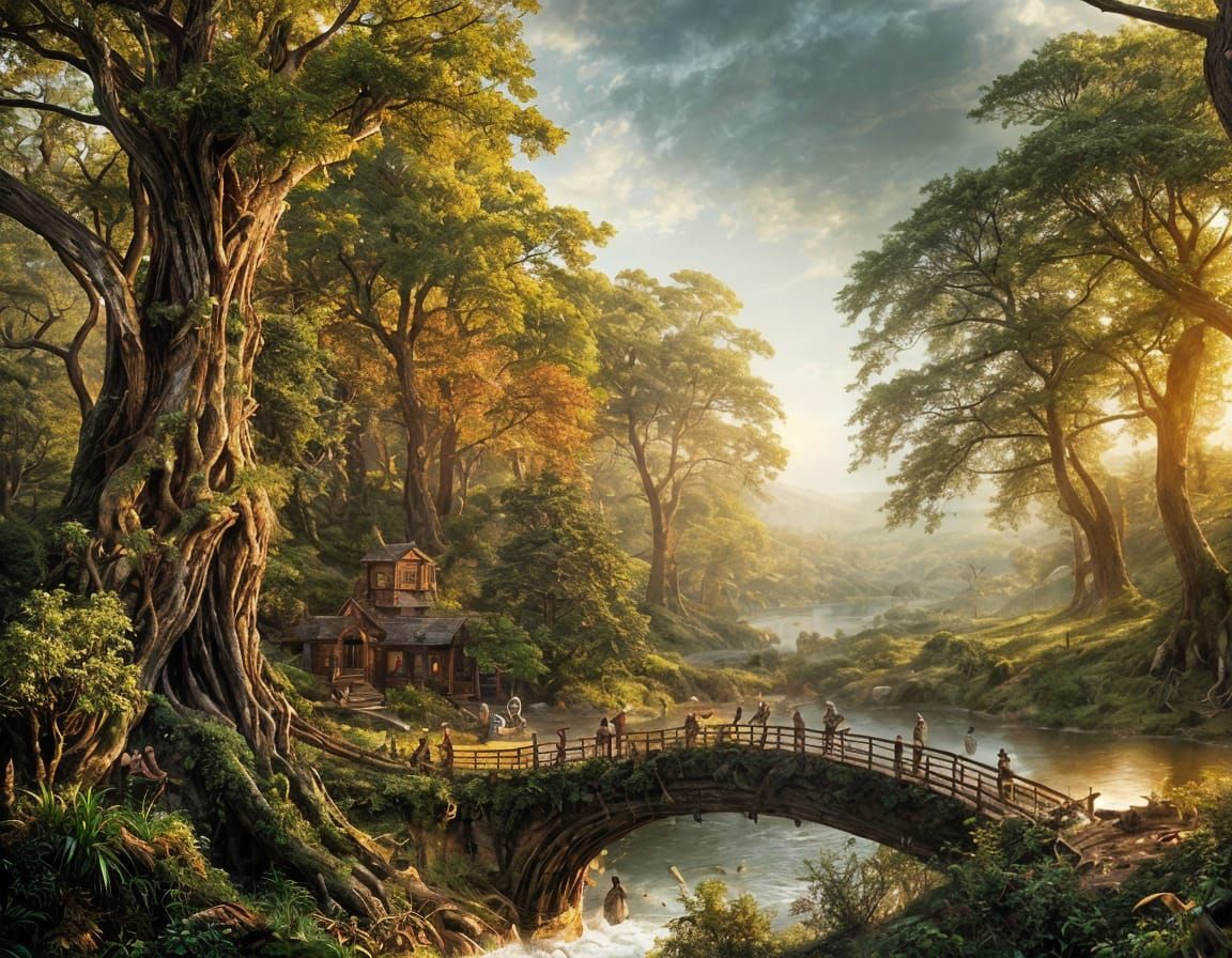 Detailed Wood Carving of Forest with Elves