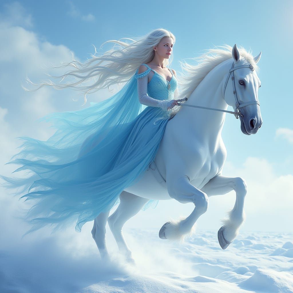 Ice Goddess on Pegasus in Snowy Landscape