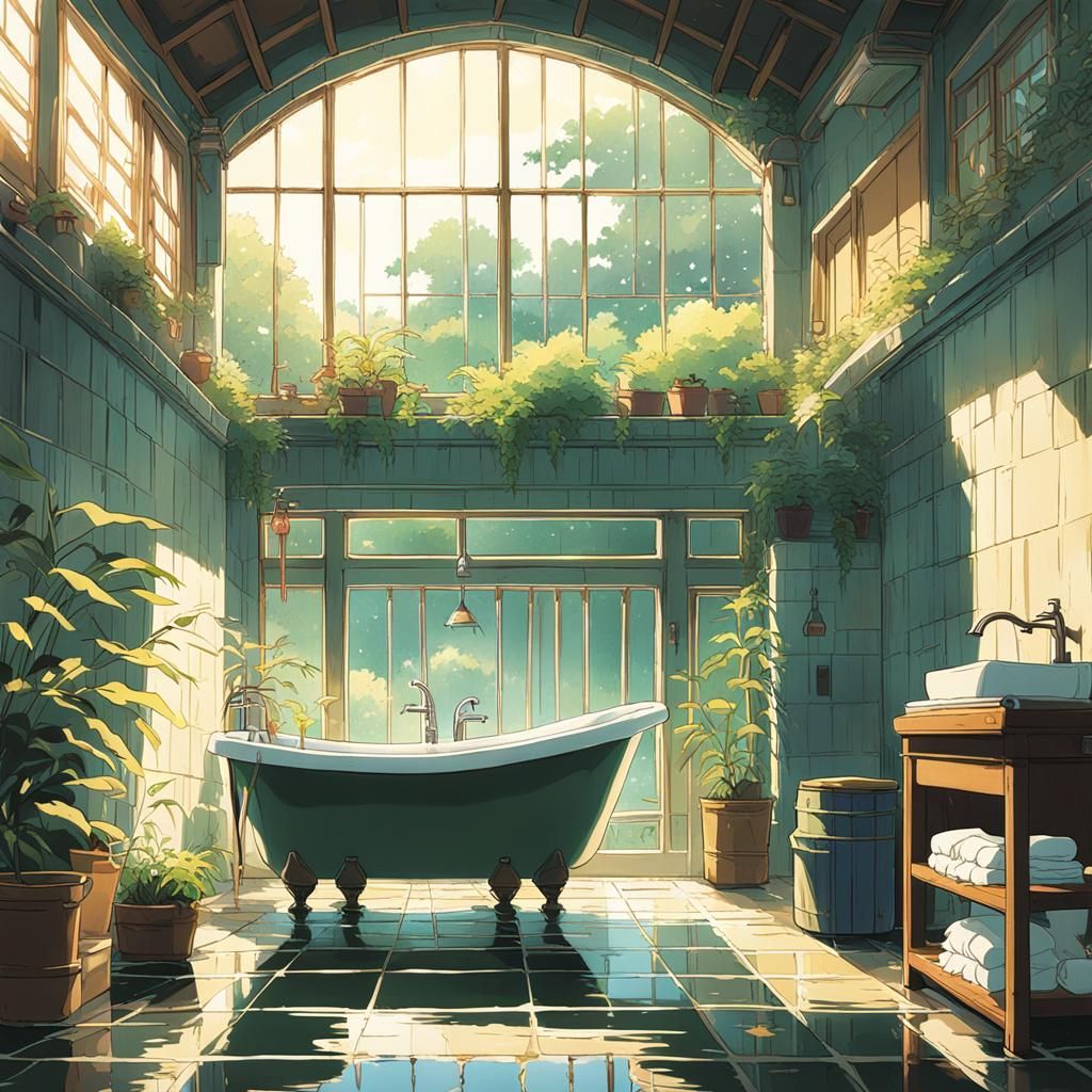 Whimsical Bath Scene in Vibrant Studio Ghibli Style