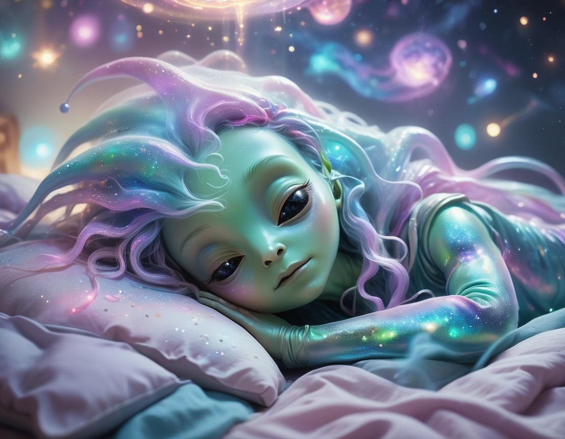 Whimsical Alien Slumber in Enchanted Dreamscape