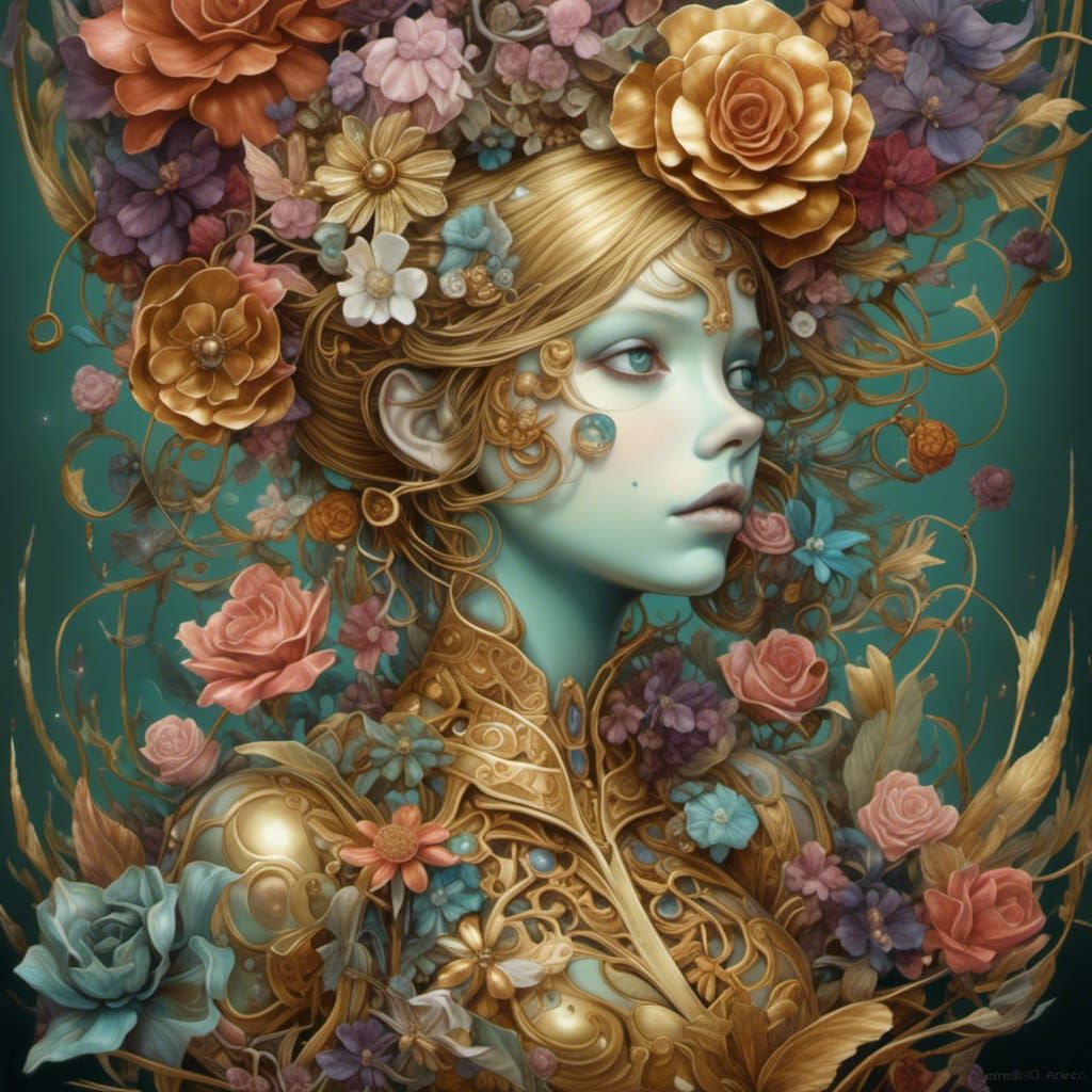 Steampunk Masterpiece with Intricate Metal Flowers in Vibran...