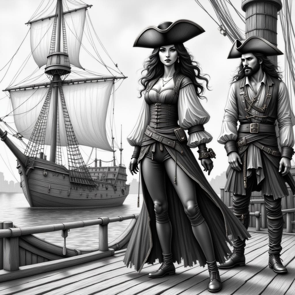 Lady Pirate and Male Pirate on Ship Deck Anime Style