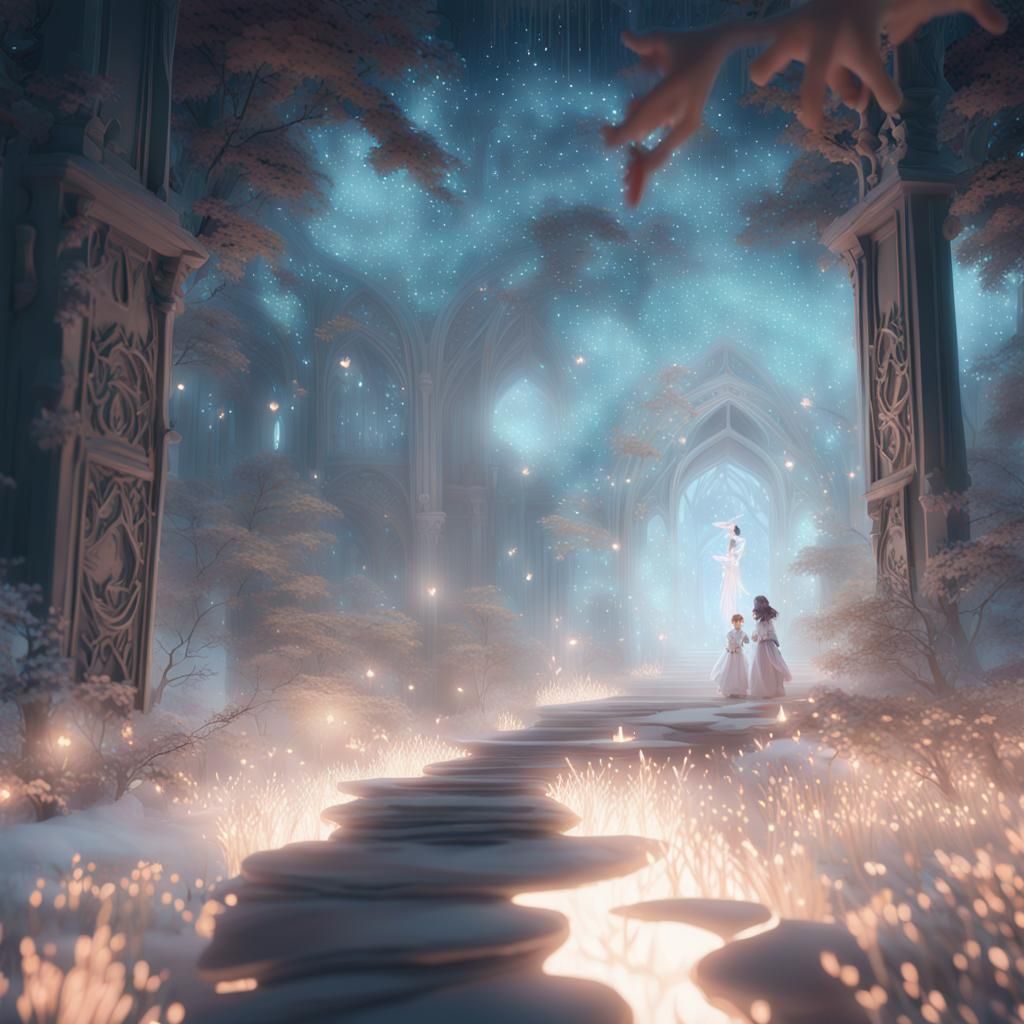 Elegant Woman Interacts with Ethereal Being in Mystical Fore...