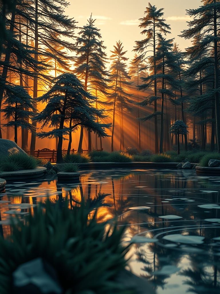 Sunset Serenity: Forest Pond in Papercraft Style