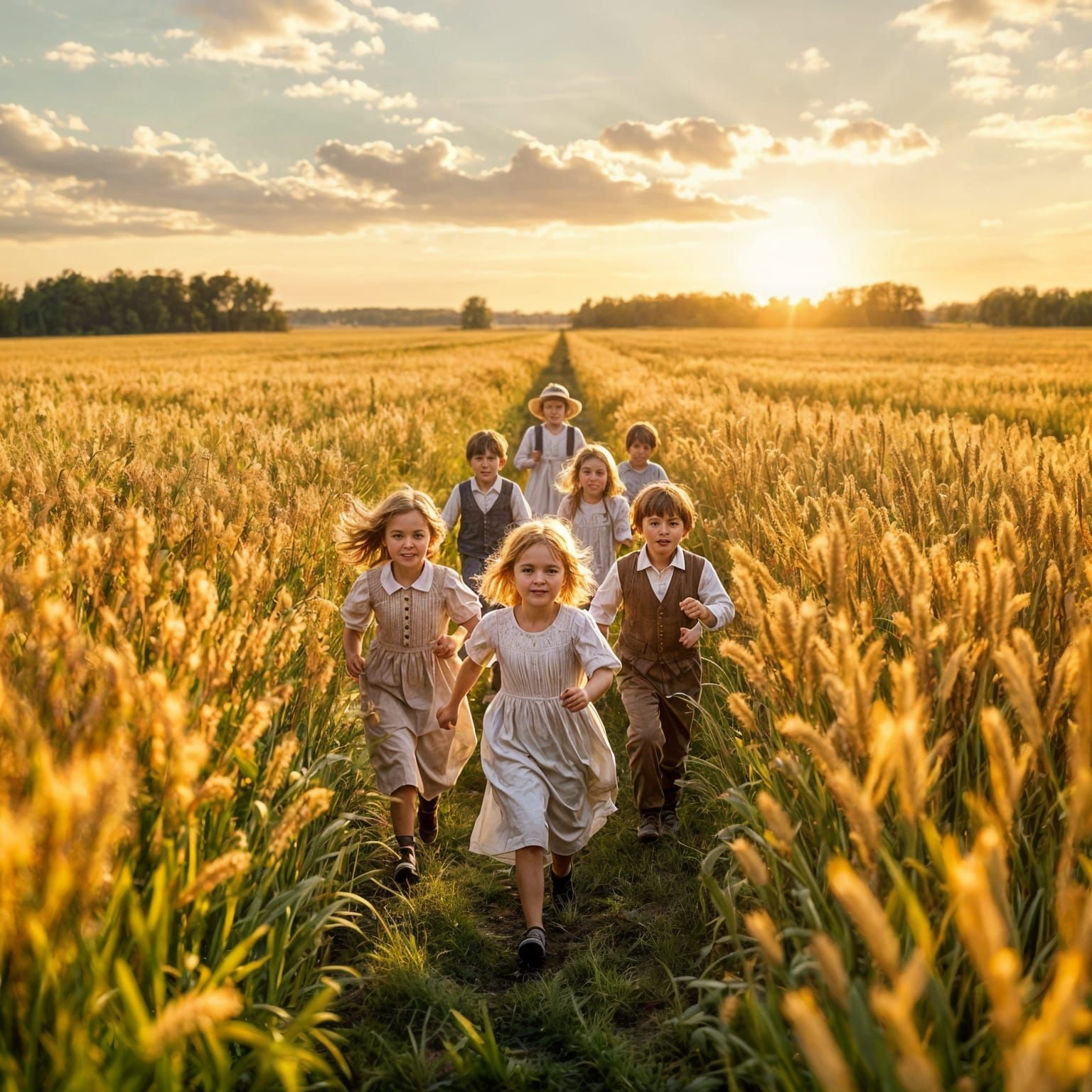 Children in 18th Century Clothes Run Through Golden Wheat Fi...