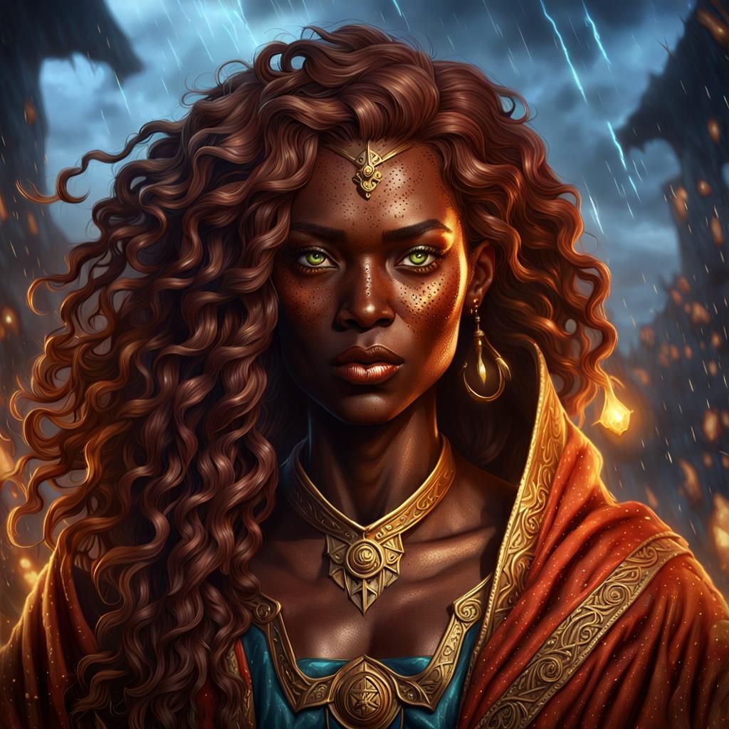 Half Elf Sorceress in Sorcerer Robes, Dark Skin, Auburn Hair...