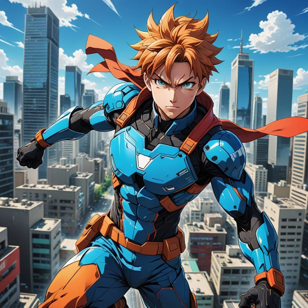 Dynamic Anime Superhero in Cityscape, Manga Style