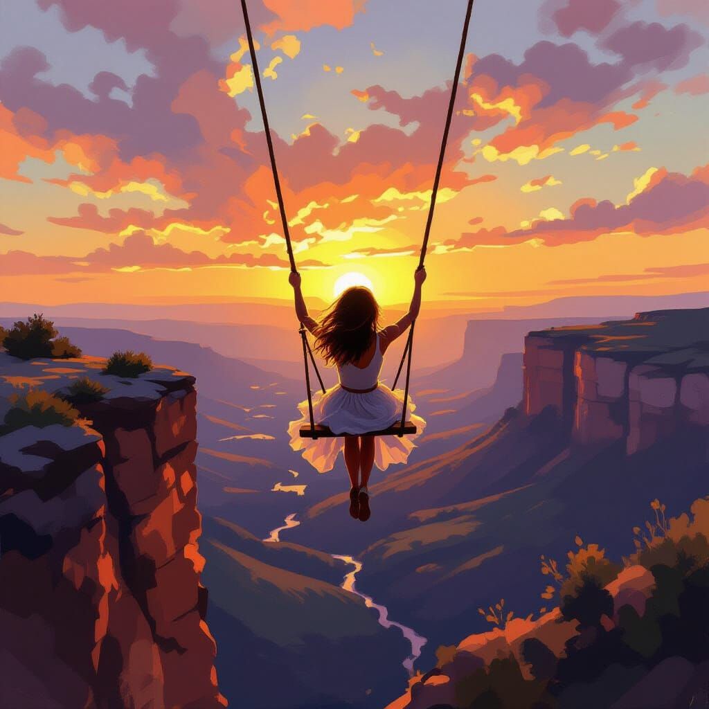 Woman Swinging Over Cliff at Sunset in Oil Painting Style