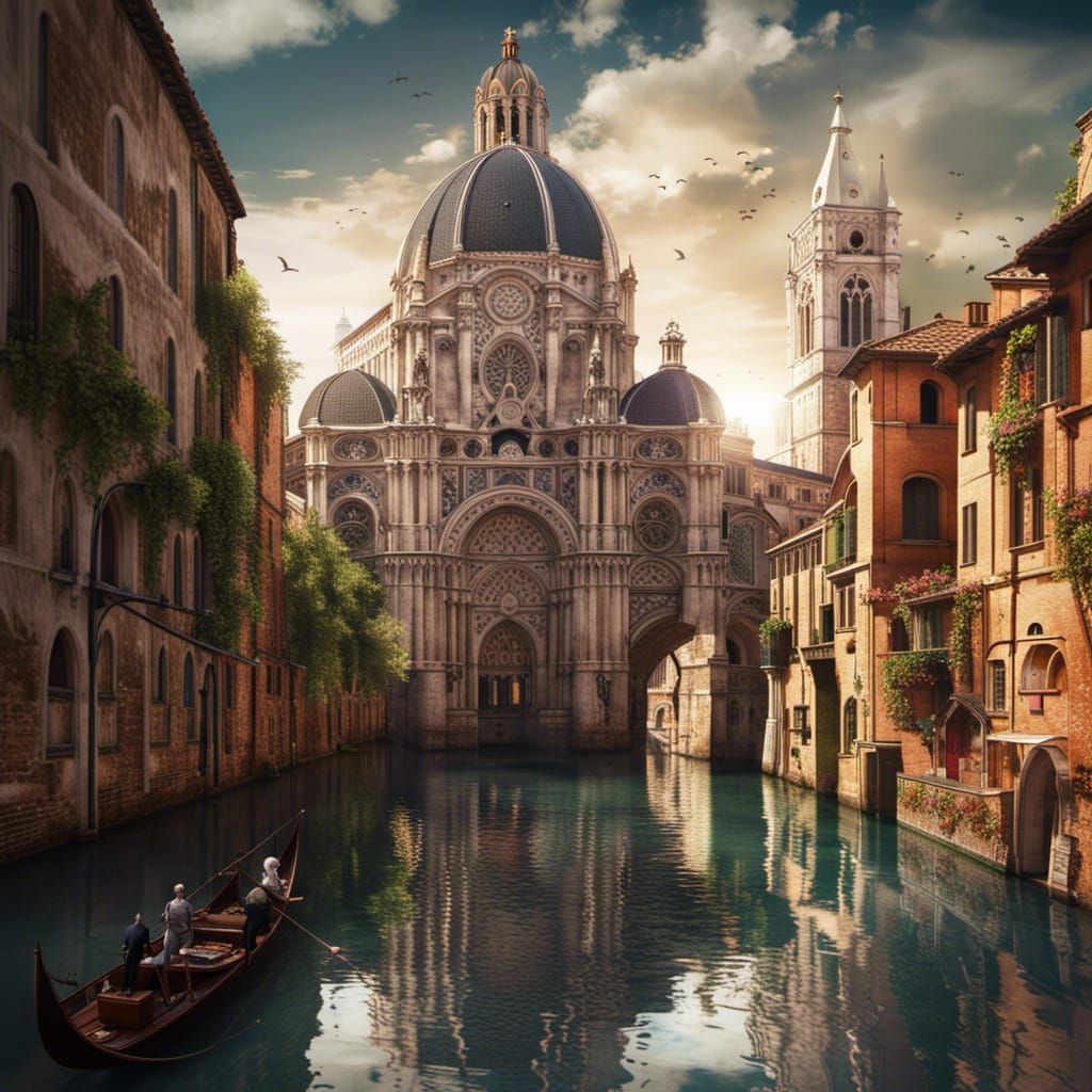 Epic Gothic Church by the Venice Canals in a Fantastical Dig...