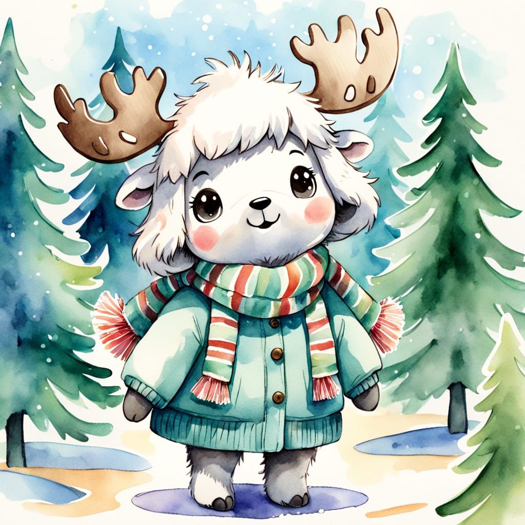 Charming Toy Moose Cub with Christmas Tree Garland, Watercol...