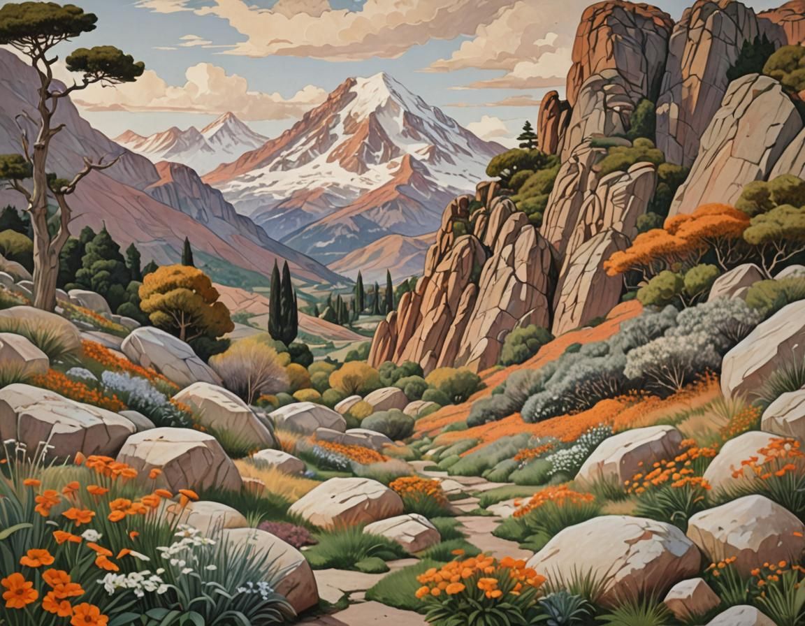 Rock Garden Amidst Vibrant Peaks in Pre-Raphaelite Style