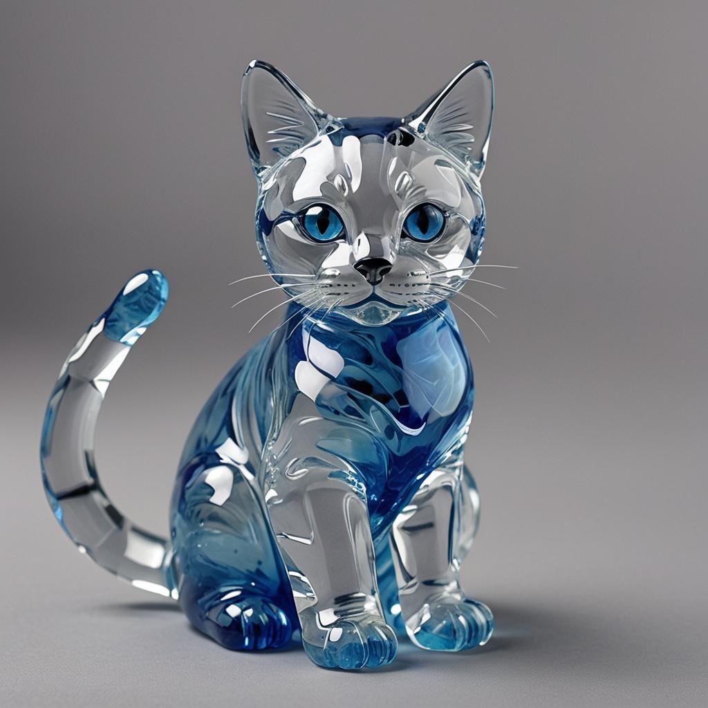 Transparent Blue Glass Feline Sculpture