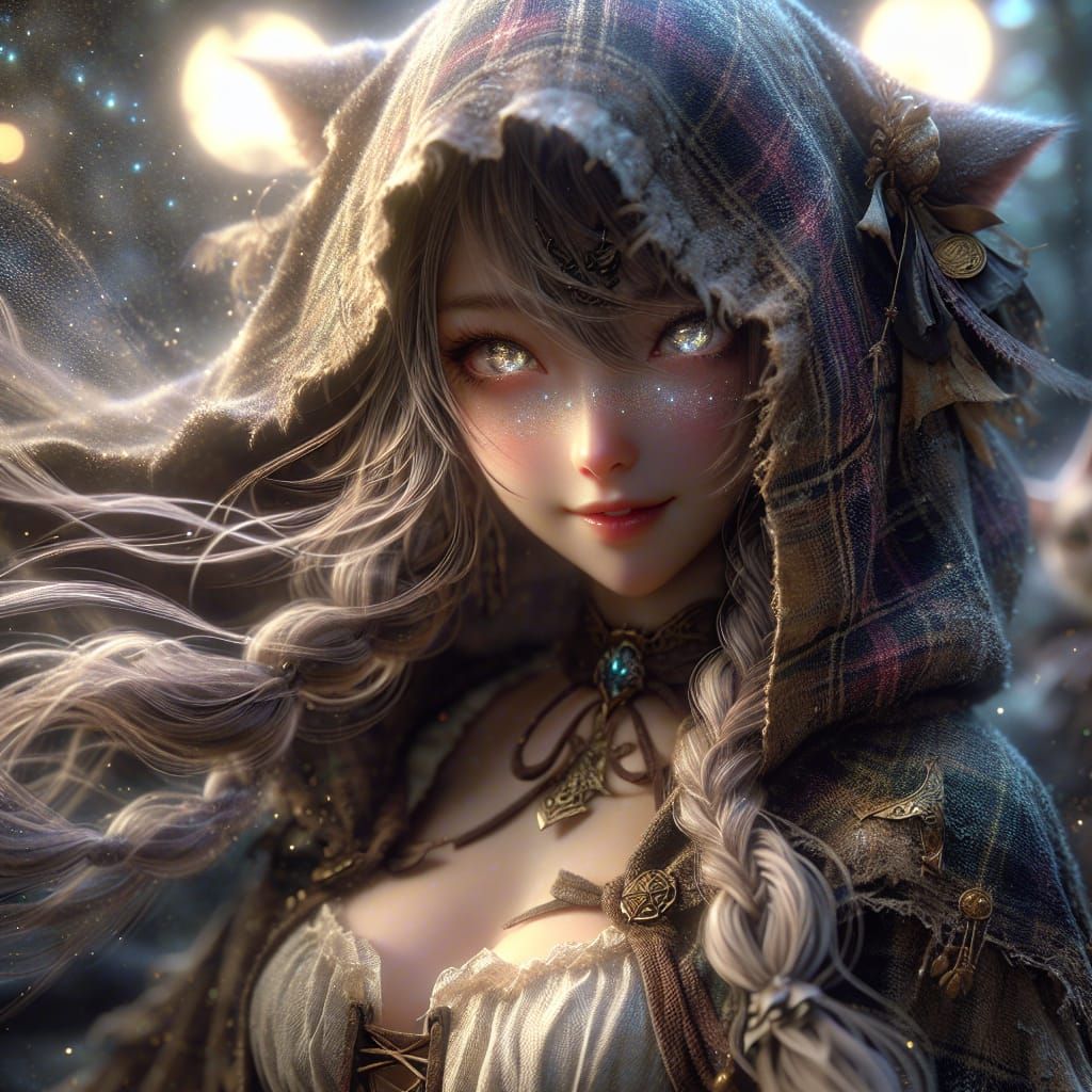 Fantasy Princess in Moonlit Splendor Donning Tattered Plaid....