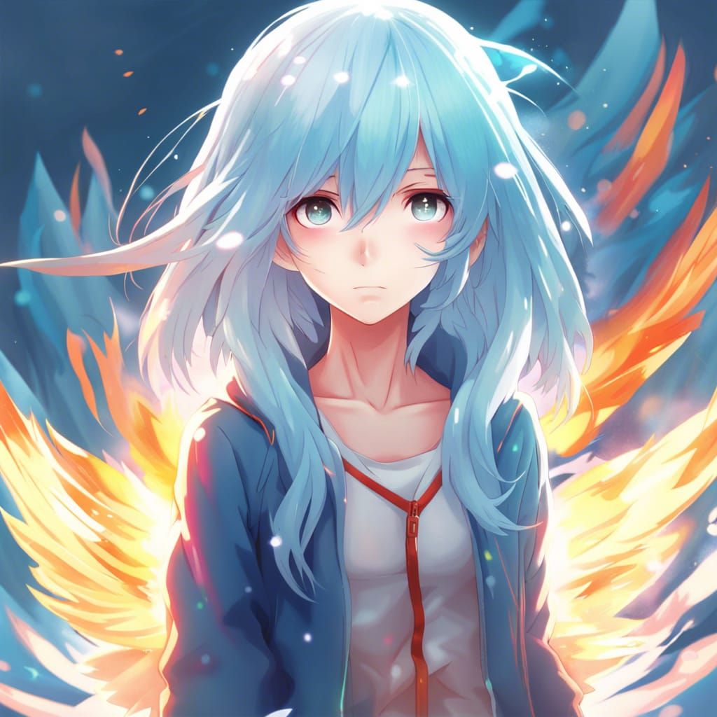Girl with Phoenix Wings in Vibrant Light Blue Hair